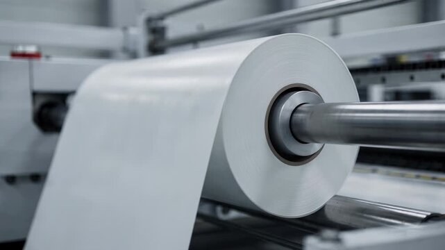 Medium shot capturing a jumbo baseboard reel in action highlighting the coreless design as it rotates seamlessly during the coating operation.