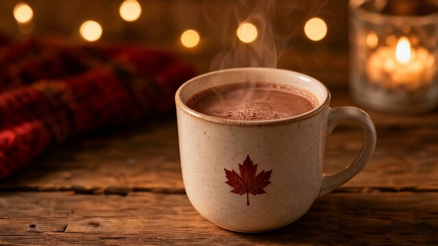string. Ceramic mug with hot chocolate and maple leaf design on wooden table. representing seasonal cycles and harvest abundance, bar promotions, designed for product packaging and bar promotions.