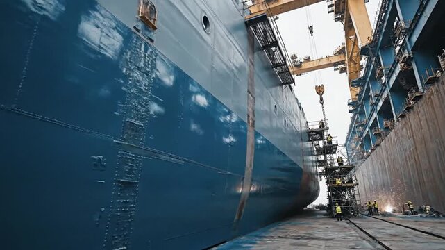 Massive blue ship hull under construction in a bustling shipyard dry dock, showcasing industrial engineering prowess.