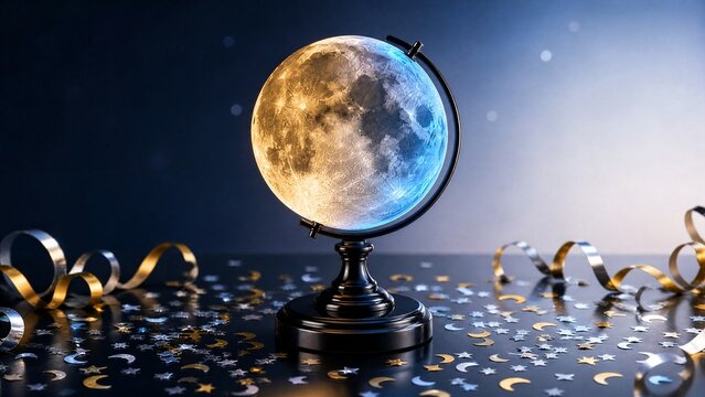 starlight. Lunar globe centerpiece with crescent confetti and ribbon curls. gardening catalogs, home-decor guides, designed for home decor and floral branding, used by SEO specialists.