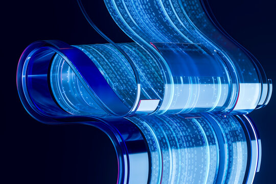 3D binary data coil with glowing blue glass channels