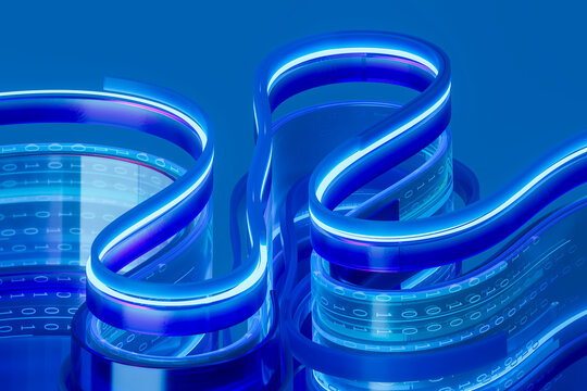 3D neon data loop with blue binary cylinder curves