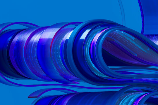 3D cyber data tunnel with blue purple glass layers