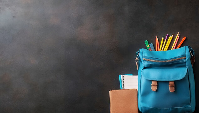 A teal backpack filled with colorful pencils and a notebook sits on a dark surface, next to a brown wallet