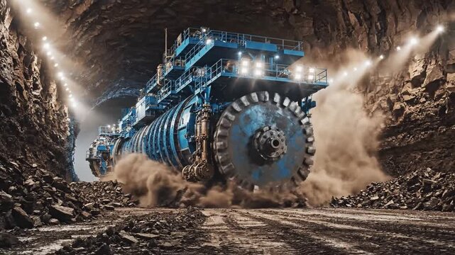 Massive Blue Tunnel Boring Machine Excavates Underground Rock and Debris