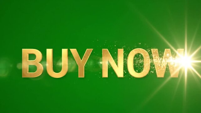 Golden 'BUY NOW' text with a bright lens flare on a vibrant green background, symbolizing a call to action for immediate purchase.