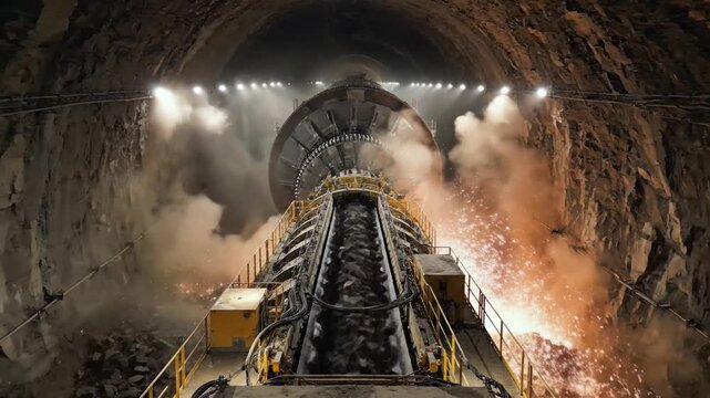 Massive Tunnel Boring Machine In Action During Underground Construction Project