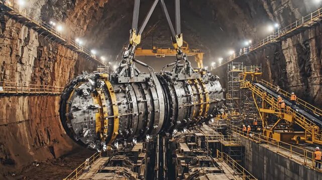 Massive tunnel boring machine lowered into deep excavation site by powerful crane during major infrastructure project