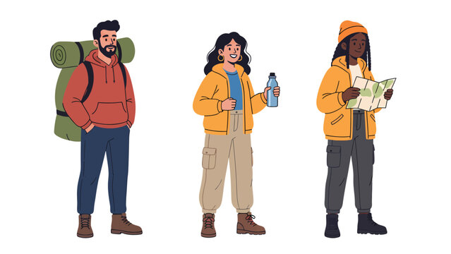 Three diverse hikers with backpacks and maps ready for an outdoor adventure.