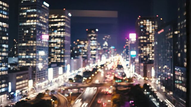 Nighttime Cityscape View Through Window Captures Urban Lights and Buildings.
