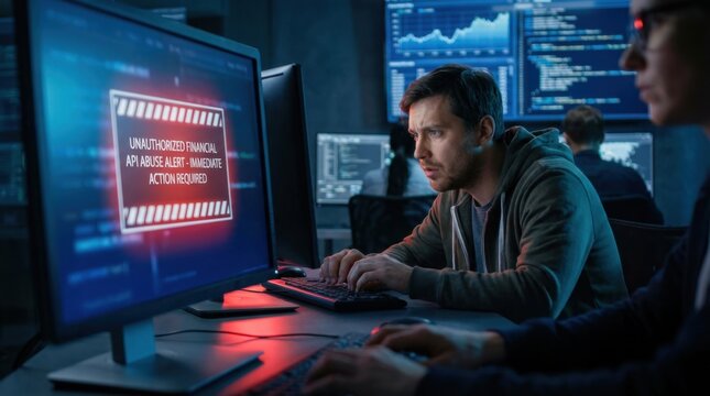 Cyber Security Analyst Working Late In Dim Tech Room.