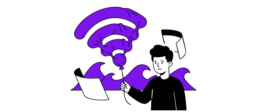 No internet connection wifi signal illustration showing a sad man holding a deflating balloon, representing offline status, bad network coverage, technical failure, digital detox, and connection lost.