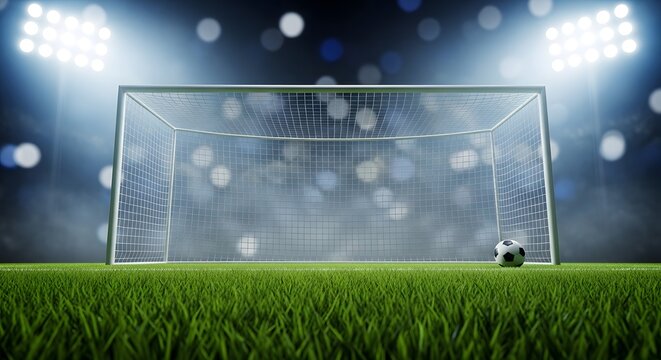 Football world cup 2026 soccer goal on green field with ball under stadium lights