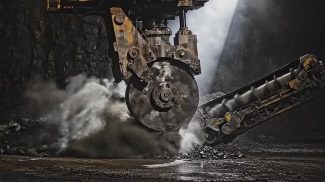 Massive Tunneling Machine Excavates Rock Deep Underground in Industrial Mining Operation