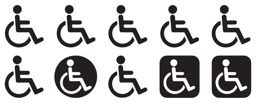 Collection of wheelchair access pictograms for accessibility signage and interface design needs.