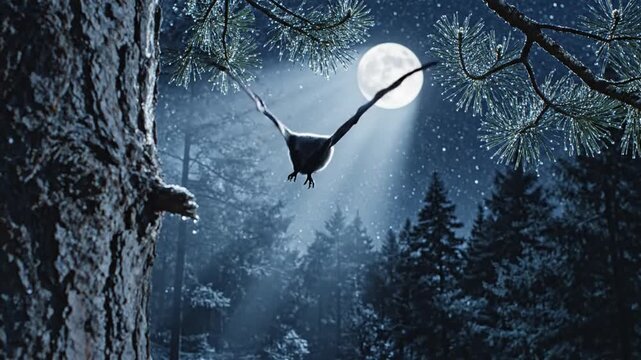 Hoary Bat Takes Flight from Dew-Kissed Pine Tree Under Full Moon in a Misty Forest Night