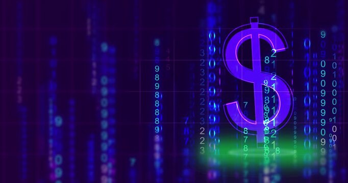 USD Dollar Analytics symbol matrix rain backdrop dark technology background. Stock market crypto hike predicting trading concept. High return yielding investment strategy and digital economy market.
