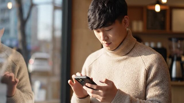 Young Asian Man Using Smartphone in Cafe, Browsing and Smiling.