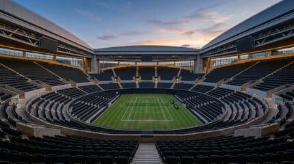 Fototapeta premium Modern Tennis Stadium with Empty Seats and Vibrant Sunset Sky
