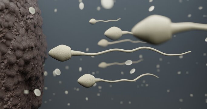 3d monochromatic illustration of fecundation of an oocyte by a spermatozoon with a shallow depth of field