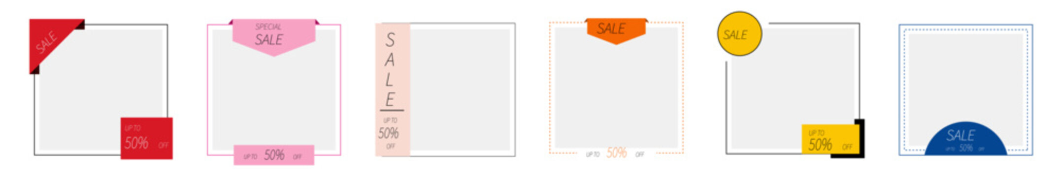 Sale 50 percent off square product frames collection, promotional discount labels and shopping offer badges in bold graphic style. Retail marketing and commercial design element bundle