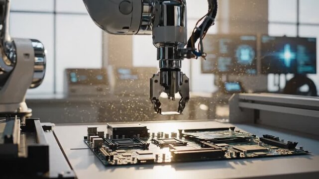 Robotic arm assembling circuit board in a high-tech manufacturing facility.