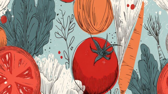 Colorful illustration features a repeating pattern of various garden produce items with textured detail.