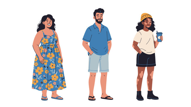 Three diverse people standing together, representing different body types and ethnicities, dressed in casual summer clothing.