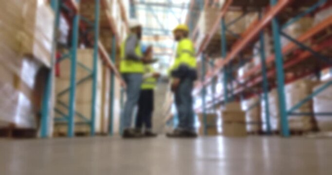 Time lapse, shipping and blur with people in warehouse for package distribution, logistics and inventory. Supply chain, collaboration and courier depot with employees in factory for ecommerce