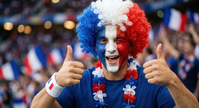 Enthusiastic French football fan with face paint and a colorful wig showing thumbs up at the stadium. Cheering France soccer supporter celebrating victory during the 2026 World Cup match