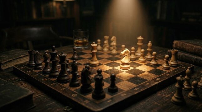 A dramatic close-up captures a chess game set on a dark wooden table. The illuminated board features a poised knight and a black king, suggesting a tense and strategic moment.