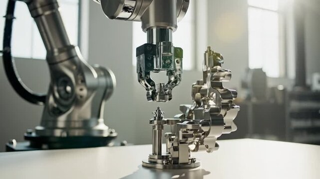 Robotic arm precisely assembling intricate metal components in a modern factory setting.