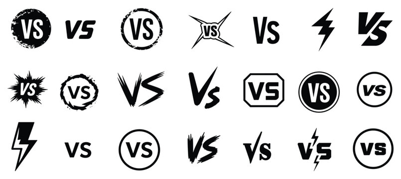 Collection of VS Symbols: A graphic resource featuring various 'VS' (versus) symbols and icons. choice, competition, challenge, versus, opposition, fight, debate, contest, game, match.