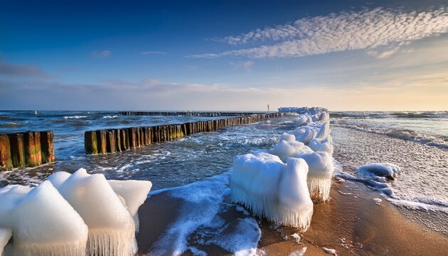 Stacked Ice Floes On The Baltic Sea With Blurry Ice In Foreground And Endless Blue Ice In Background