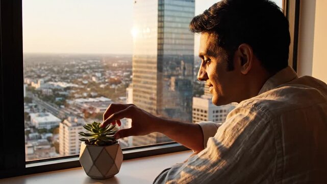Man gazing out of a window at the city with a plant in the foreground.