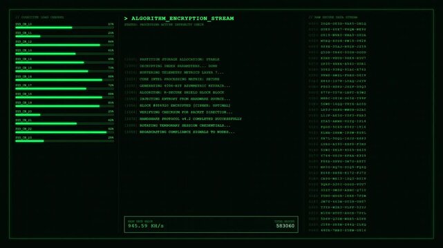 Futuristic Matrix Code Green Algorithm Encryption Stream Cyber Security UI Dashboard Terminal Screen Display.