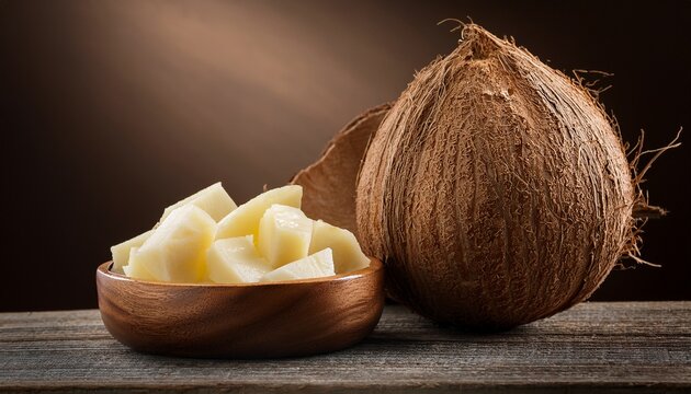 Boiled Cassava In A Wooden Bowl And Old Coconut