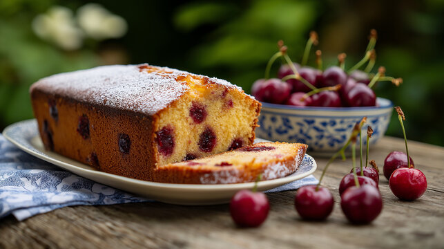 Traditional Cherry Madeira Cake with Powdered Sugar and Fresh Cherries