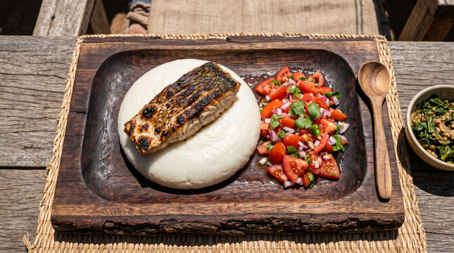 Traditional ugali dish with grilled fish and fresh vegetable salsa on a wooden plate served outdoors