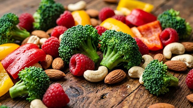 Assorted fruit and vegetables with nuts on wooden table isolated on transparent background, isolated on white background, Vector, illustration