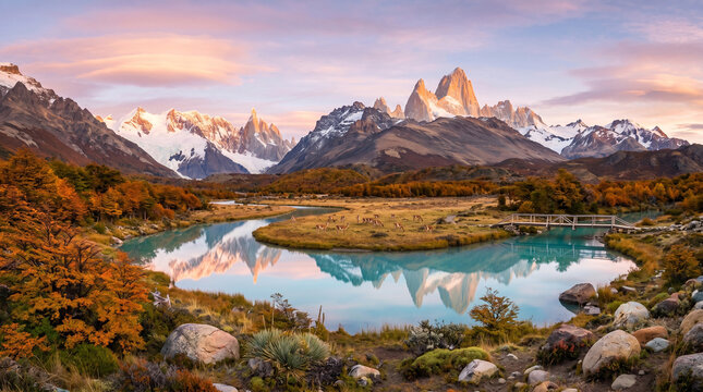Scenic mountain landscape with a serene lake and a herd of guanacos grazing peacefully in autumn