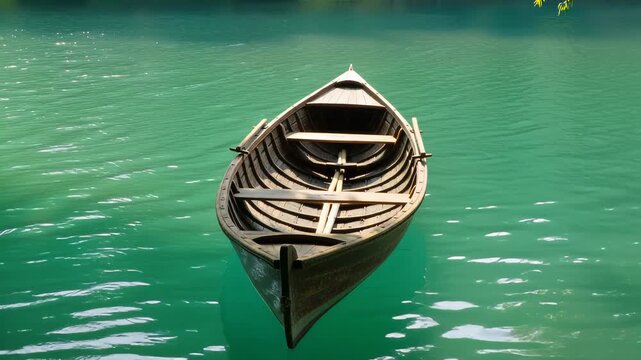 Empty Wooden Rowing Boat Floating on Turquoise Lake Water. Seamless looping 4k video background