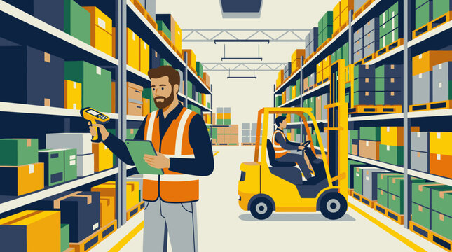 Warehouse Worker Using Tablet Wearing Safety Vest.