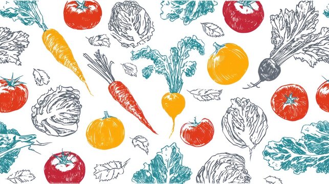 Colorful hand drawn vegetables create a vibrant seamless pattern design