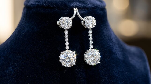 Sparkling Diamond Earrings: Luxury Jewelry on Blue Velvet Display