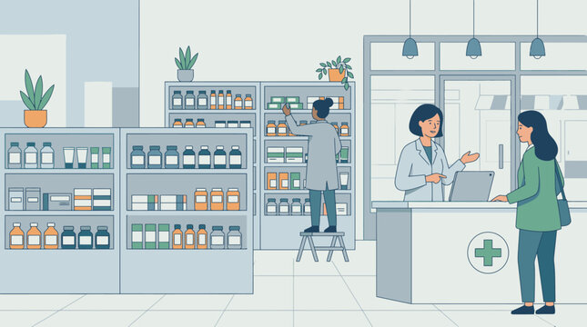 Pharmacist Assisting Customer At Pharmacy Counter.