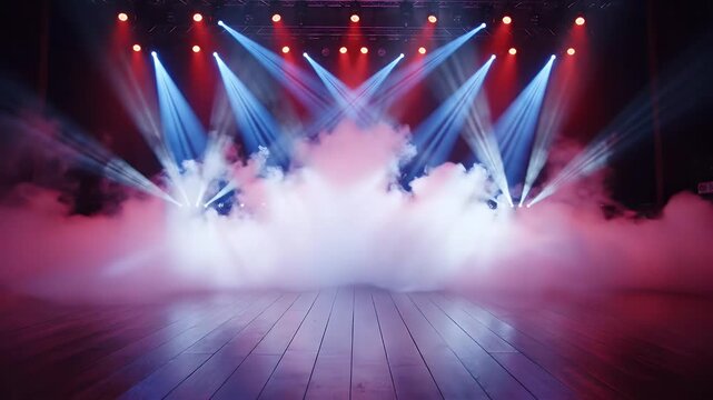 Vibrant Concert Stage Lighting with Blue and Red Beams Through Dense Fog