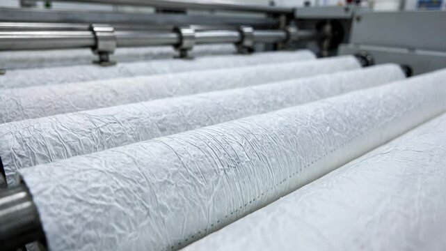 Detailed view of crepe exam table paper as it undergoes slitting and perforating emphasizing the wrinkled texture ideal for cushioning and comfort in clinics.