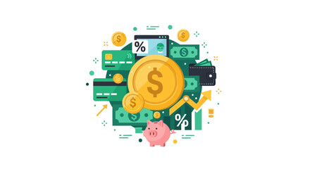 Naklejka premium Financial Management and Personal Finance Investment Concept Illustration Featuring Dollar Coins, Credit Cards, Piggy Bank, and Cash Icons for Business Growth and Banking