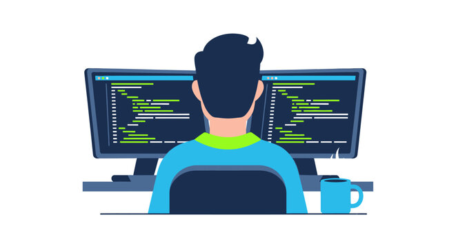 Software Developer Working on Code with Dual Monitors and Coffee Flat Vector Illustration